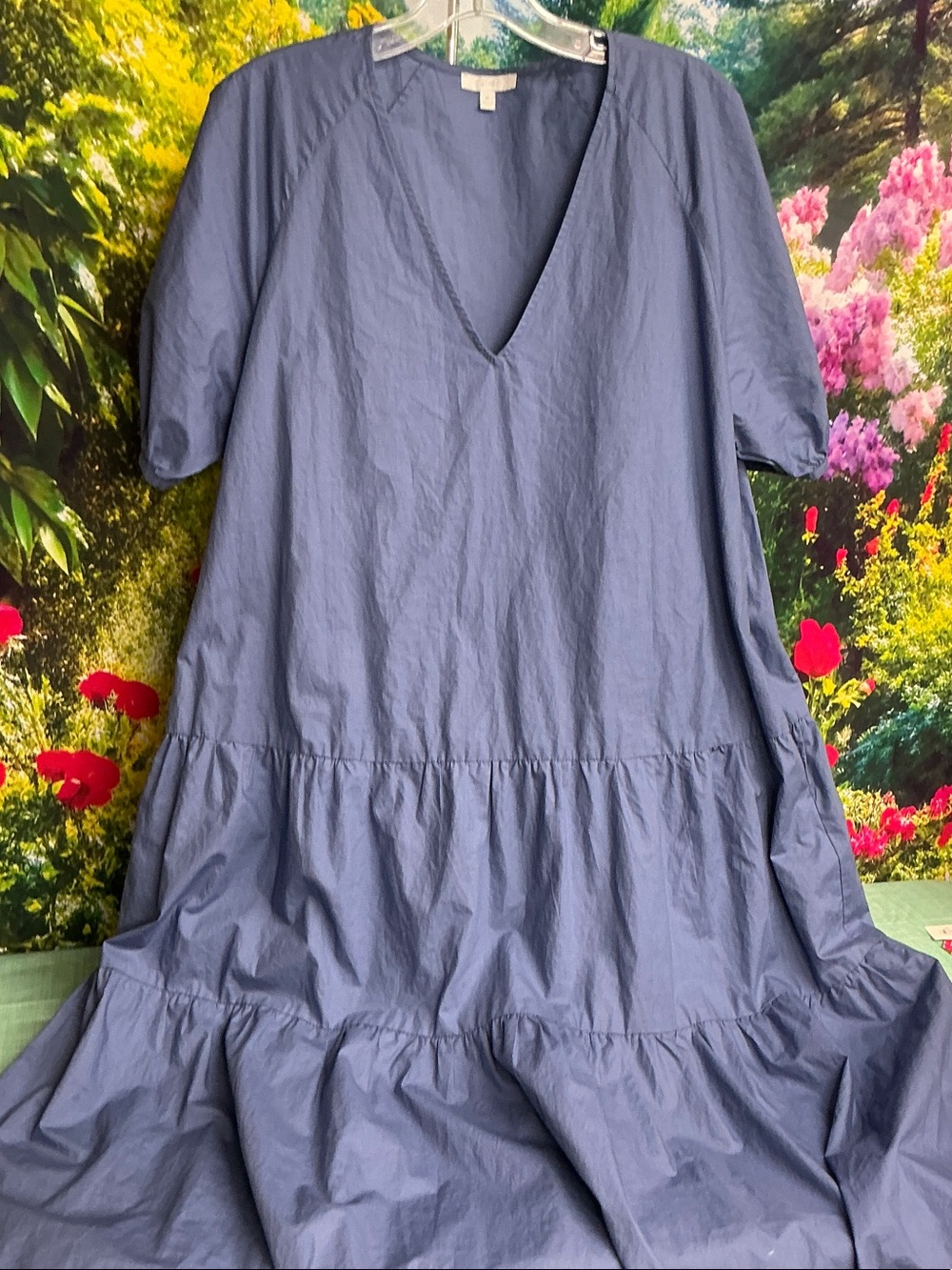 Calme by Johnny Was V-Neck Tiered Cotton Dress in Slate Blue. #2217